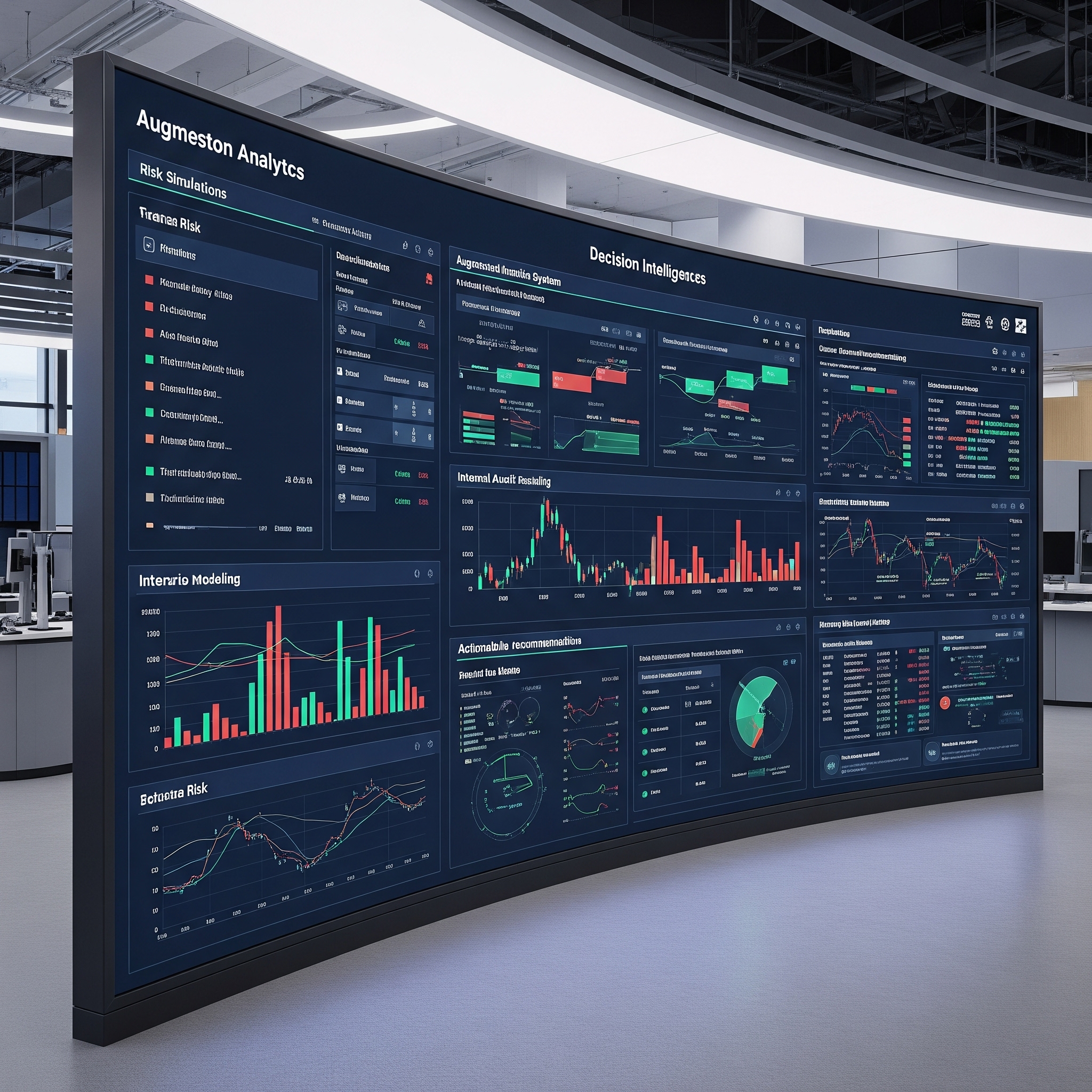 Advanced decision intelligence dashboard showing risk simulations, scenario modeling, and augmented analytics for financial services