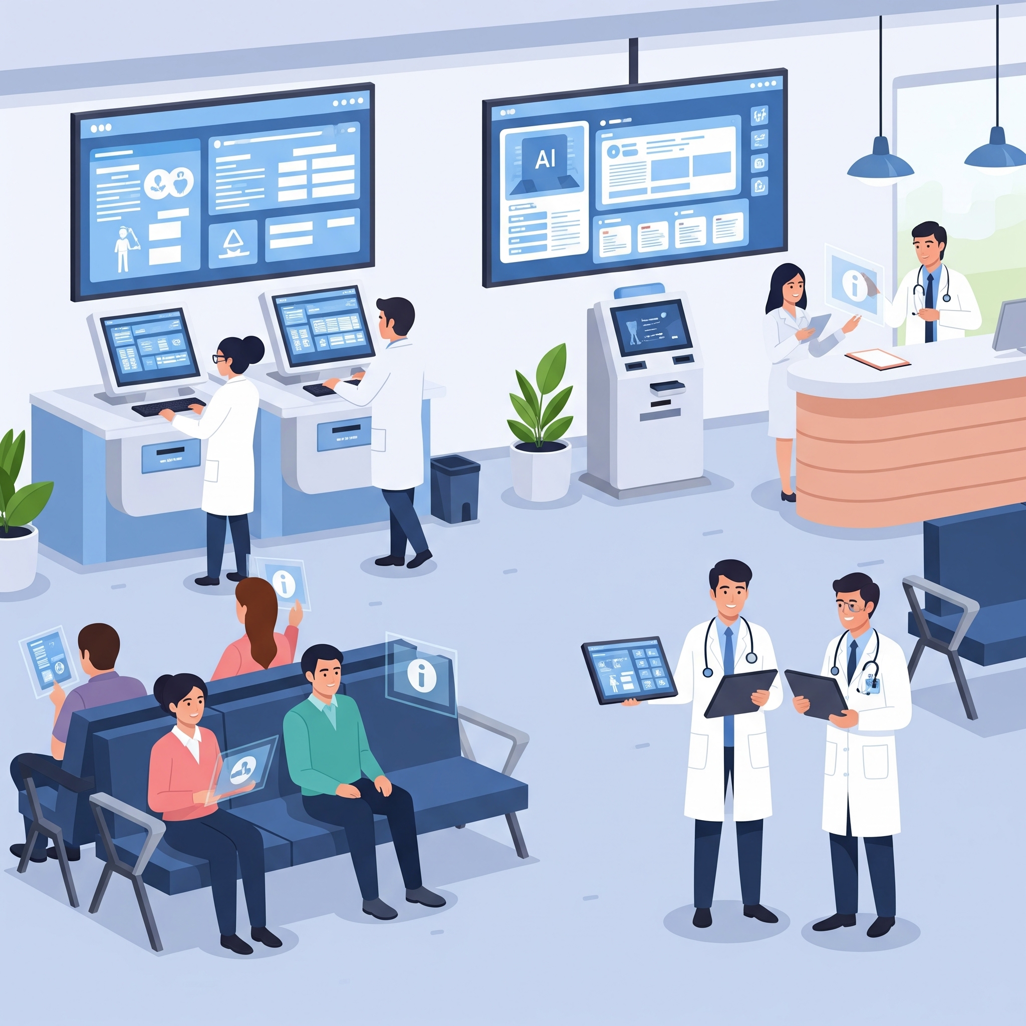 Healthcare AI automation showing medical professionals using intelligent systems and AI-powered dashboards for patient care optimization